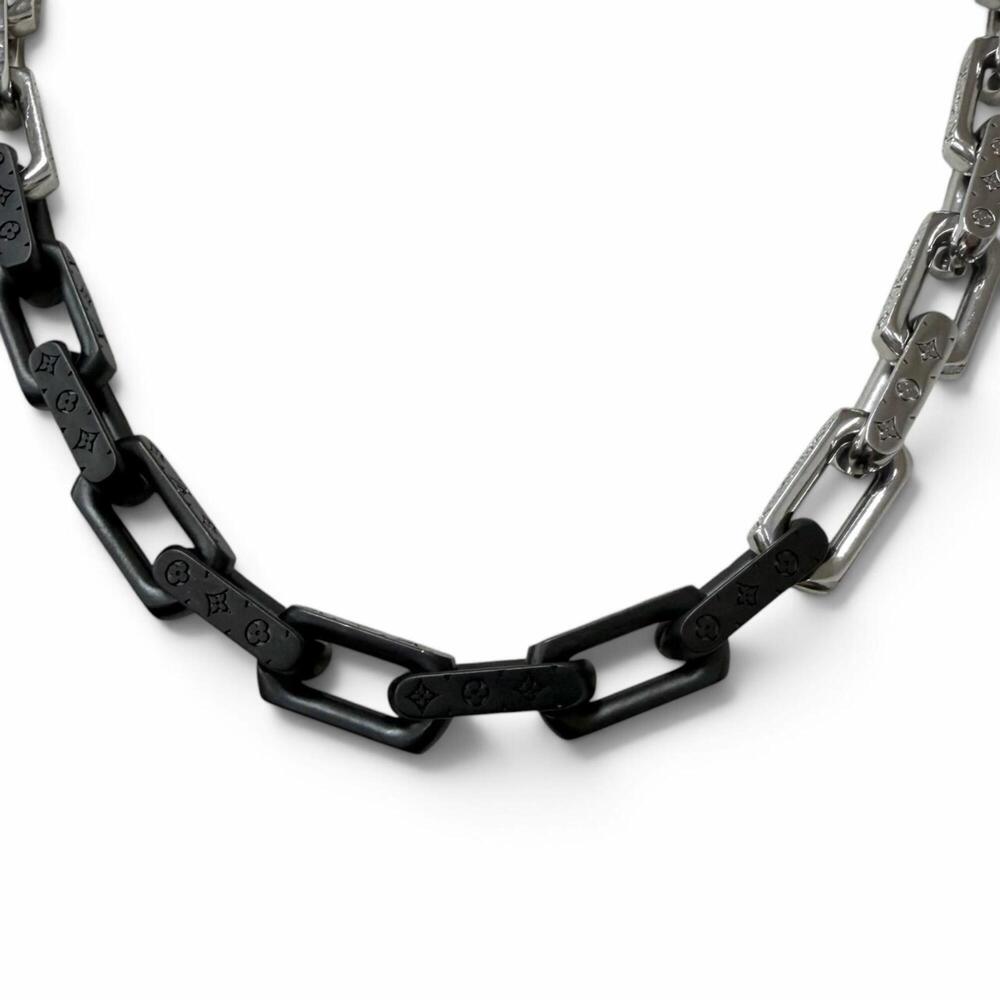 LOUIS VUITTON M00677 Collier Monogram Chain Necklace, Silver & Black, Made in...